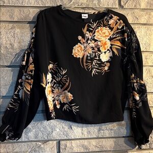 Selfie Leslie Black Top with Orange Floral Design